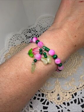 Natural Pink Jade & Green Malachite Stretch Bracelet Handmade Cottagecore